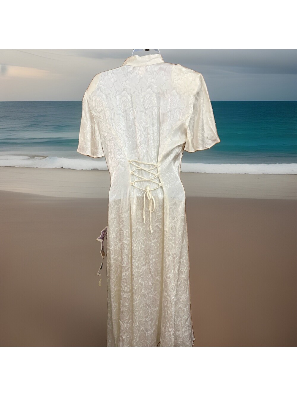 Vintage Ivory Satin Dress with Lace Detailing and Pearl Accent - Picture 2 of 9